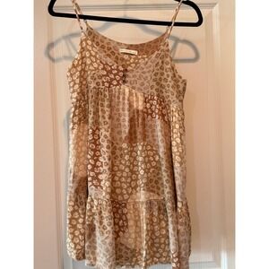 Bécool Patchwork Floral Babydoll Mini Dress Tiered Boho Tan Brown Medium